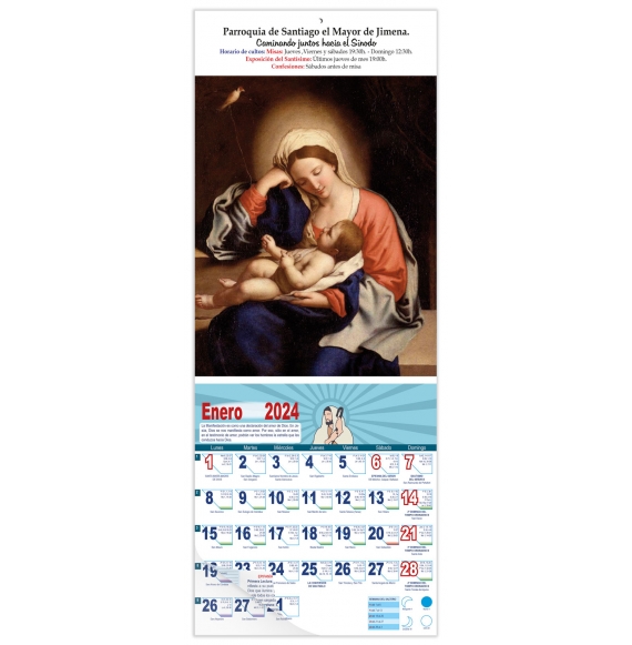 Calendario vertical de pared "Los Cuidados de La Virgen" (Sassoferrato)